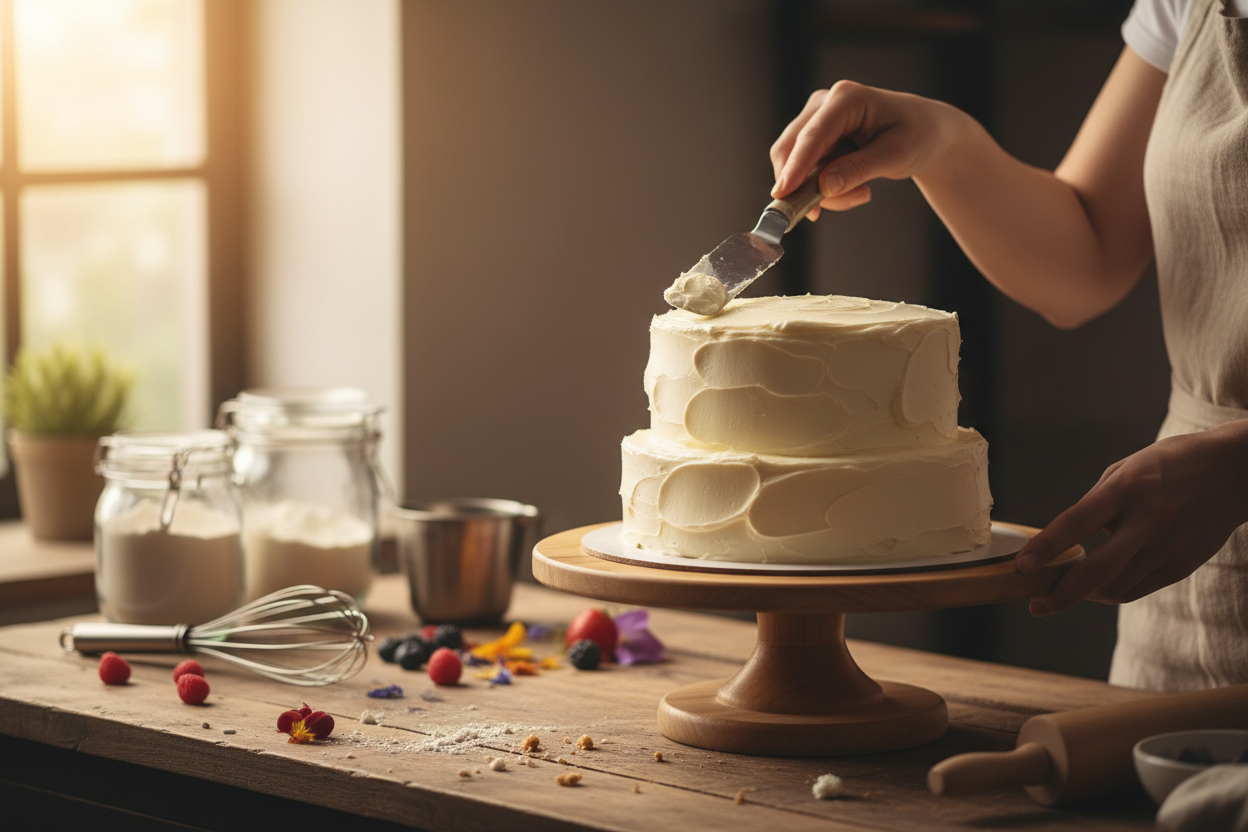frosting a cake in at home bakery